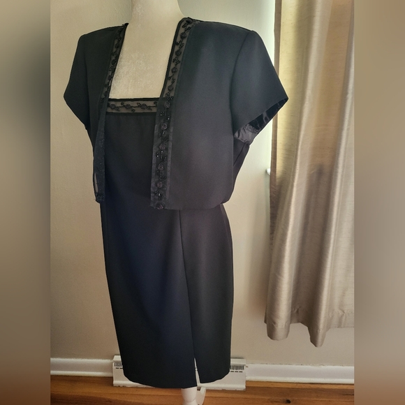 JR Nites by Caliendo 2 Piece Dress Knee Length Bolero Jacket Black Lace Rosette - Picture 4 of 12